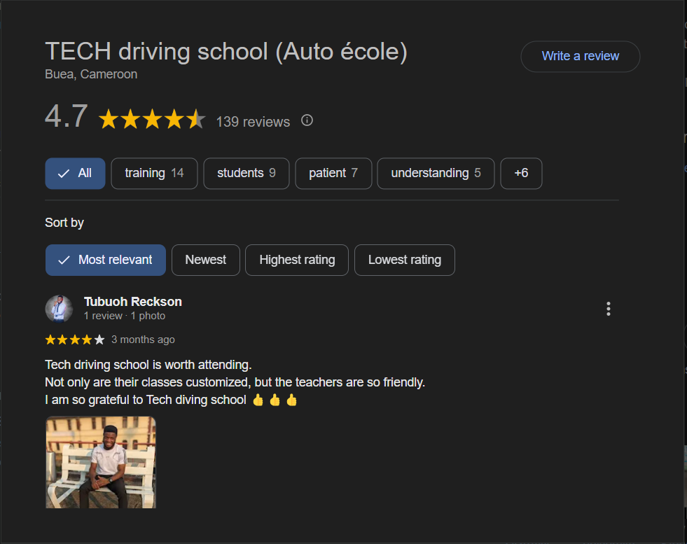 Tech driving school Buea, Google reviews
